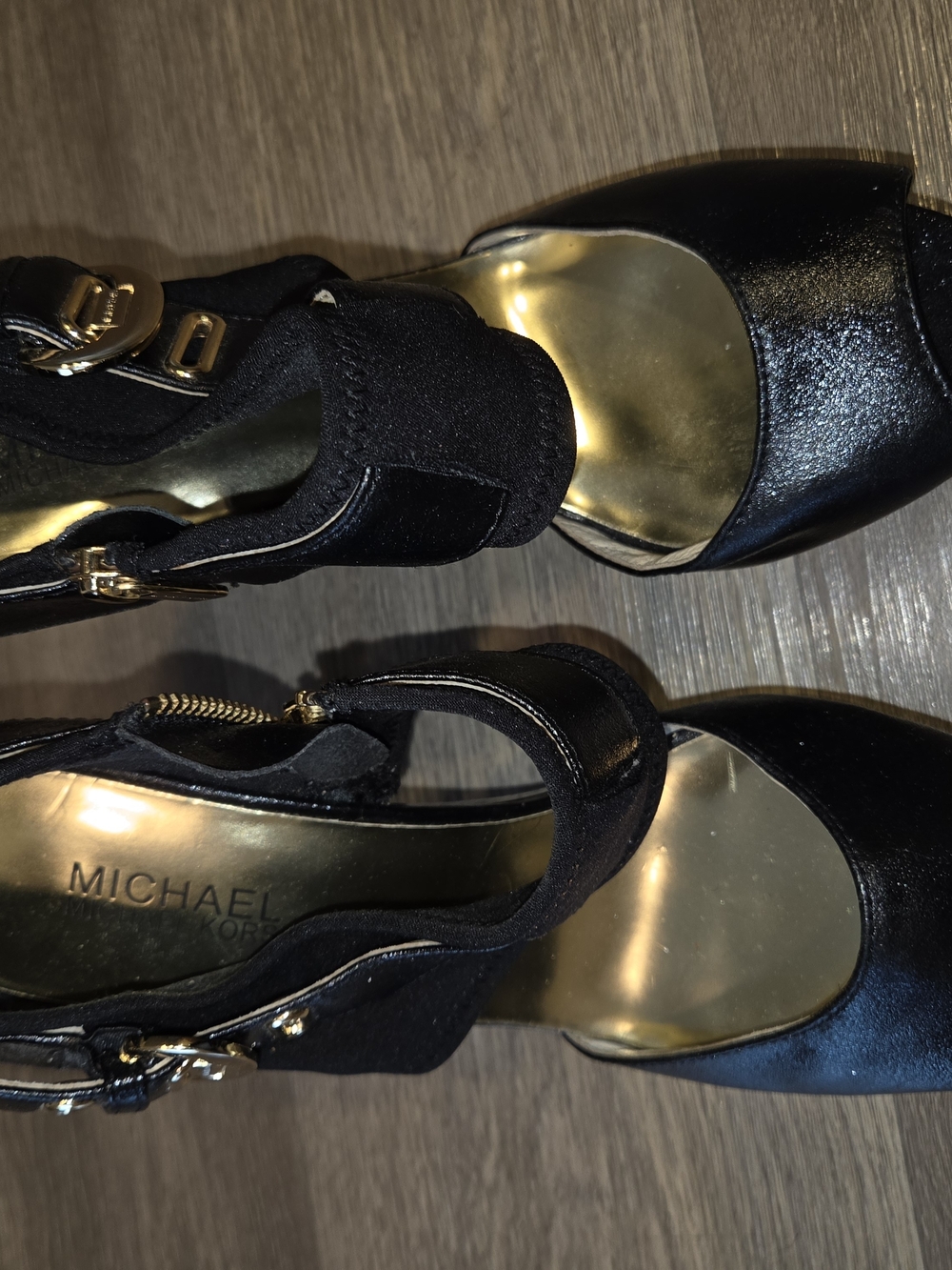 Michael Kors Black Leather and Suede Ankle-Strap Pumps with Gold Accents